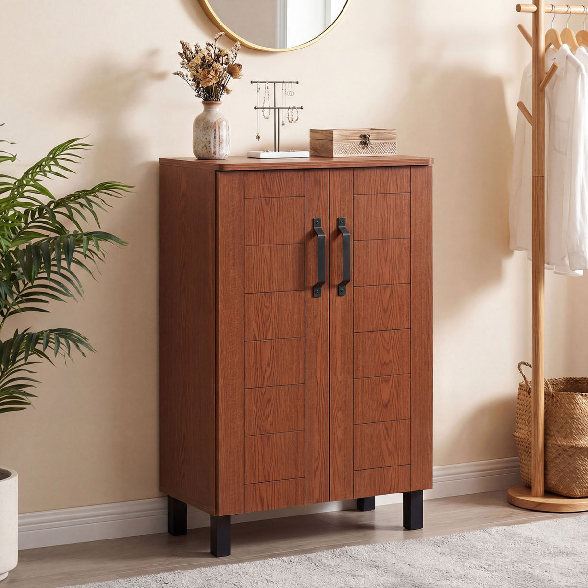 5-Tier Shoe Storage Cabinet Freestanding Wooden Shoe Rack Organizer-Brown