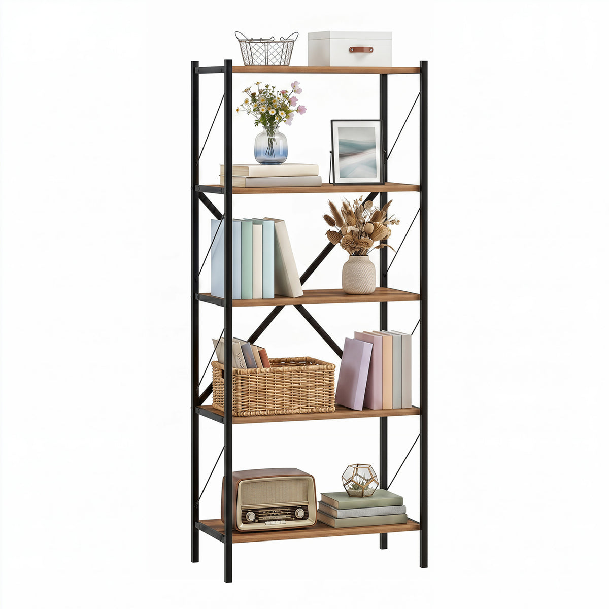 5-Tier Tall Bookshelf Industrial Bookcase with Heavy-Duty Metal Frame Modern Storage-Walnut