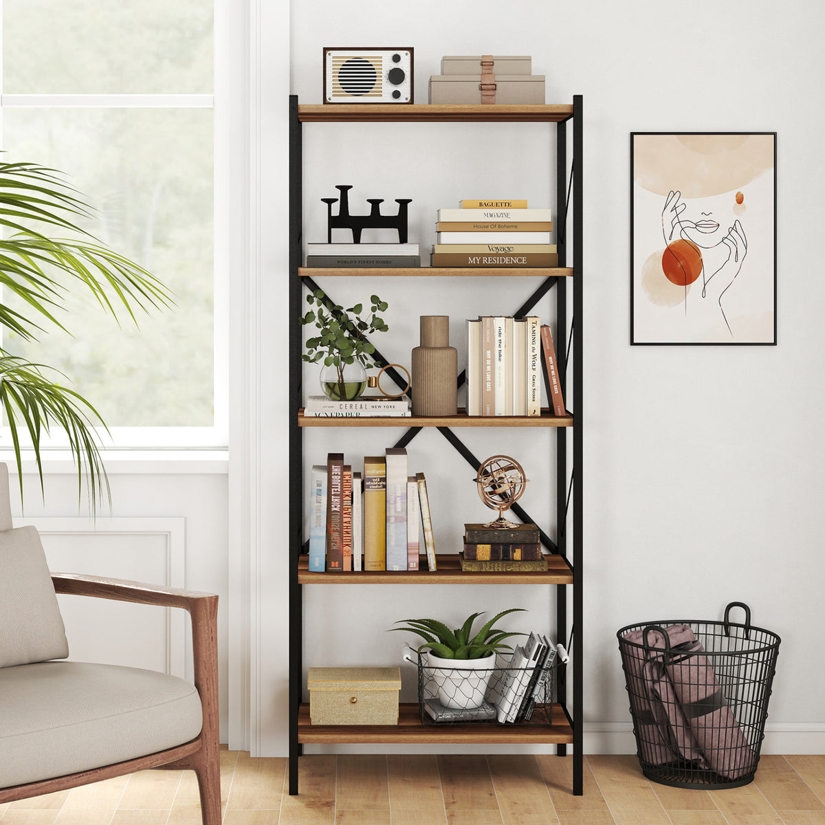 5-Tier Tall Bookshelf Industrial Bookcase with Heavy-Duty Metal Frame Modern Storage-Walnut