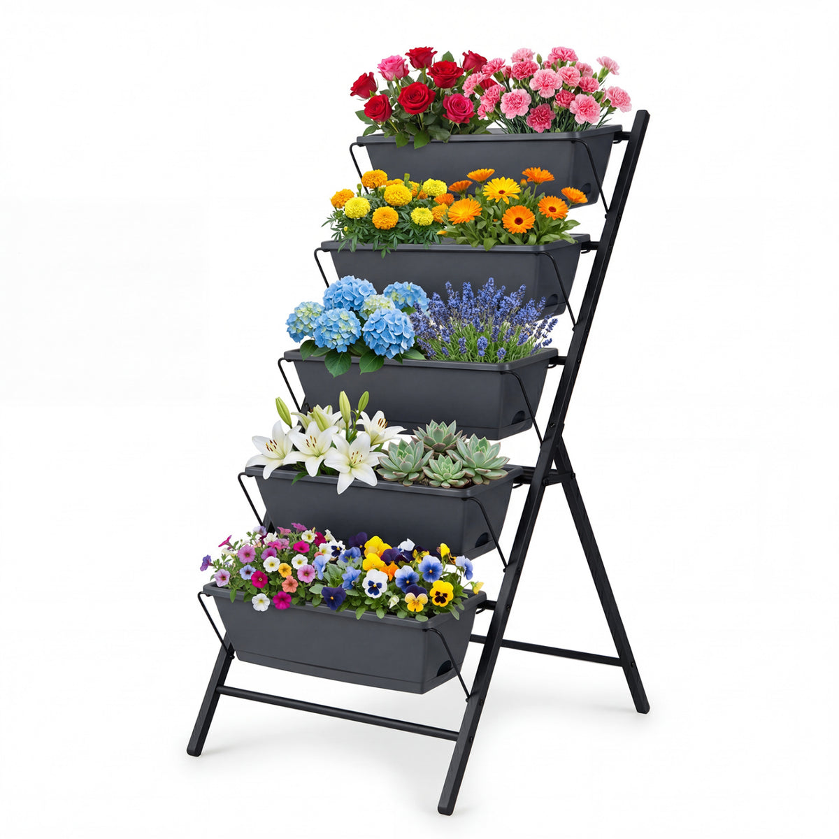 5-Tier Vertical Raised Garden Bed with Drainage System and Removable Trays for Vegetables-Black