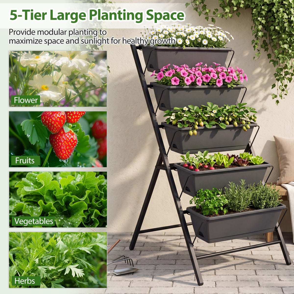 5-Tier Vertical Raised Garden Bed with Drainage System and Removable Trays for Vegetables-Black
