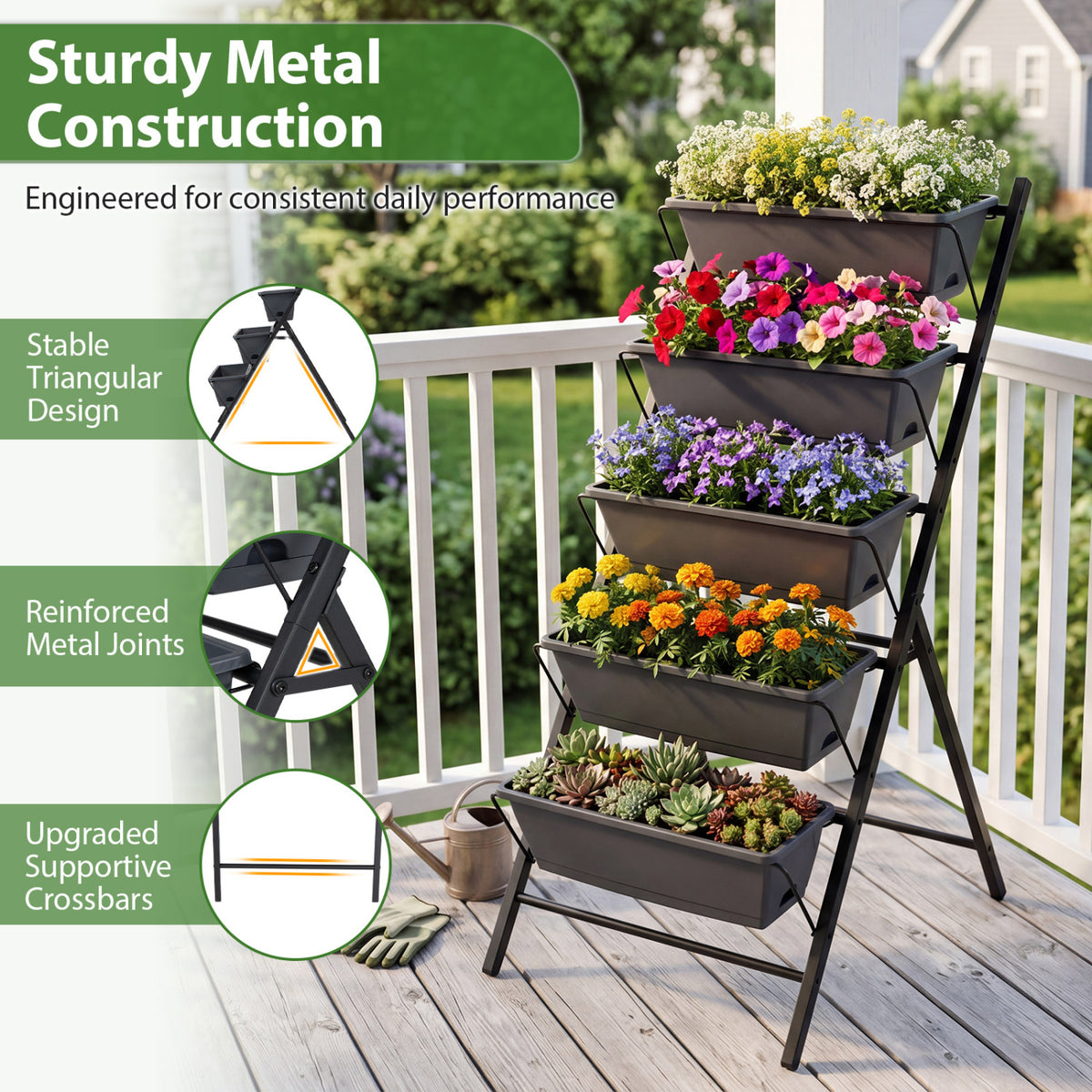 5-Tier Vertical Raised Garden Bed with Drainage System and Removable Trays for Vegetables-Black