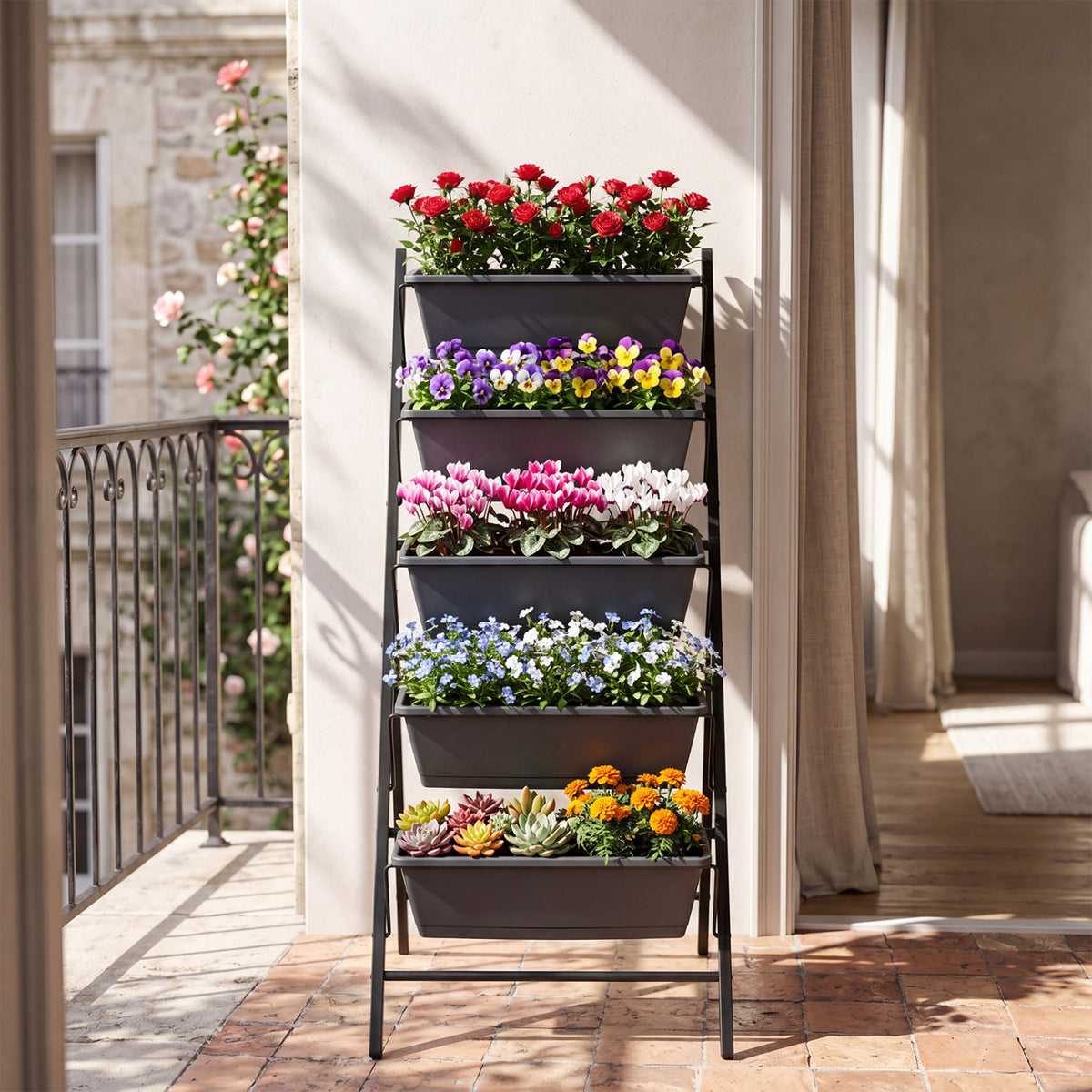 5-Tier Vertical Raised Garden Bed with Drainage System and Removable Trays for Vegetables-Black