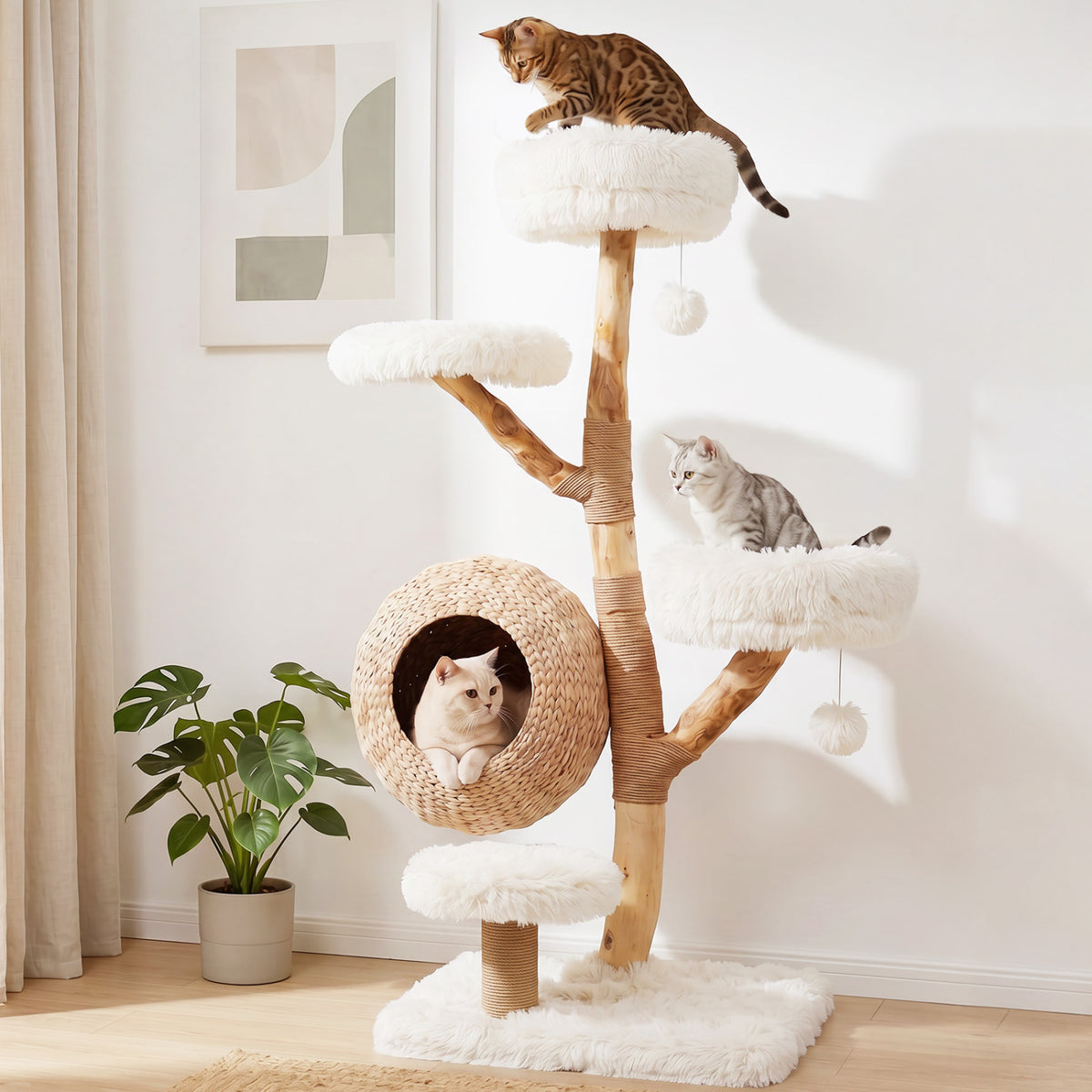 5-Tier Wooden Cat Tree with Woven Condo Plush Perches Jute Posts & Balls-White