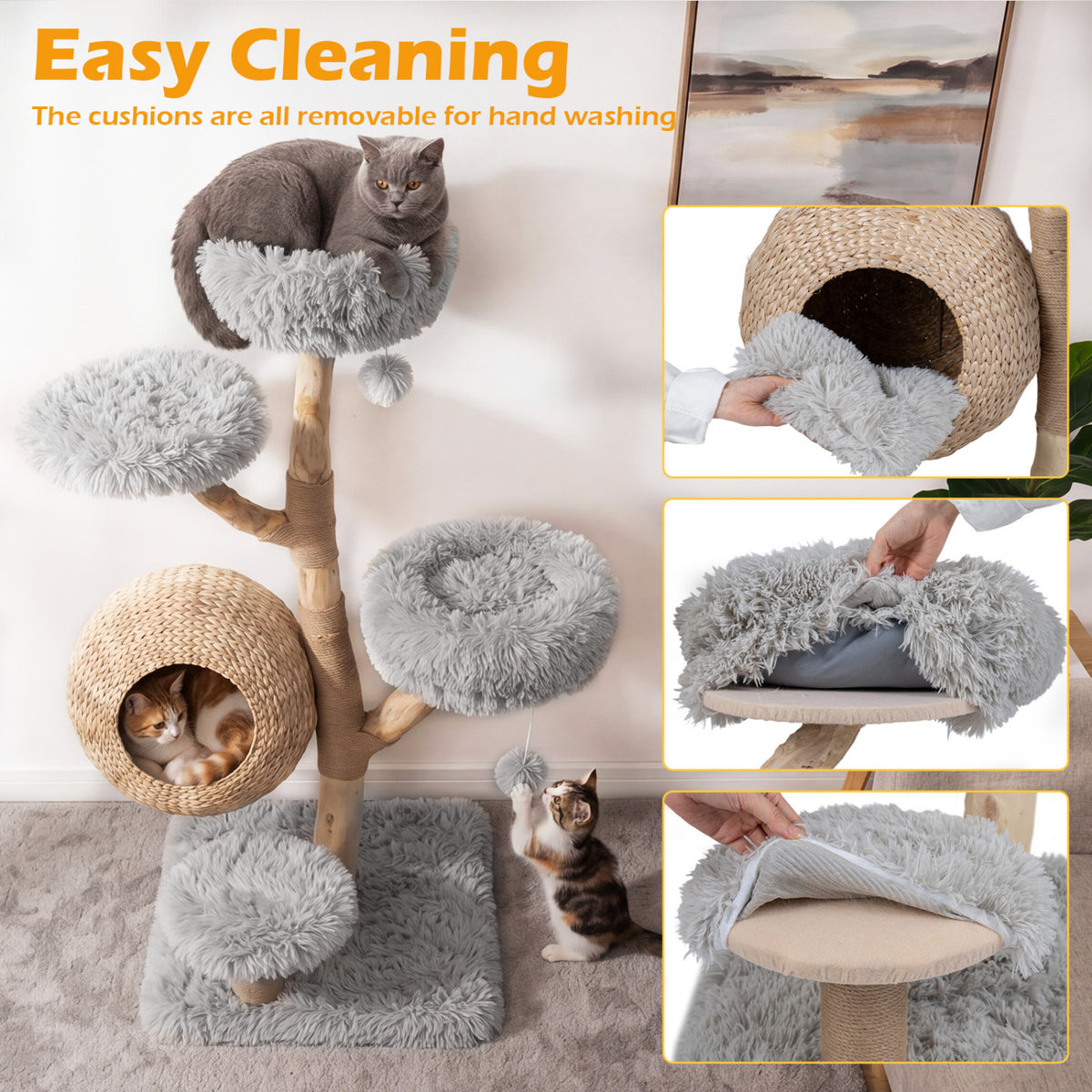 5-Tier Wooden Cat Tree with Woven Condo Plush Perches Jute Posts & Balls-Gray