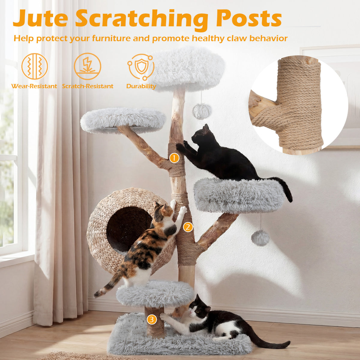 5-Tier Wooden Cat Tree with Woven Condo Plush Perches Jute Posts & Balls-Gray