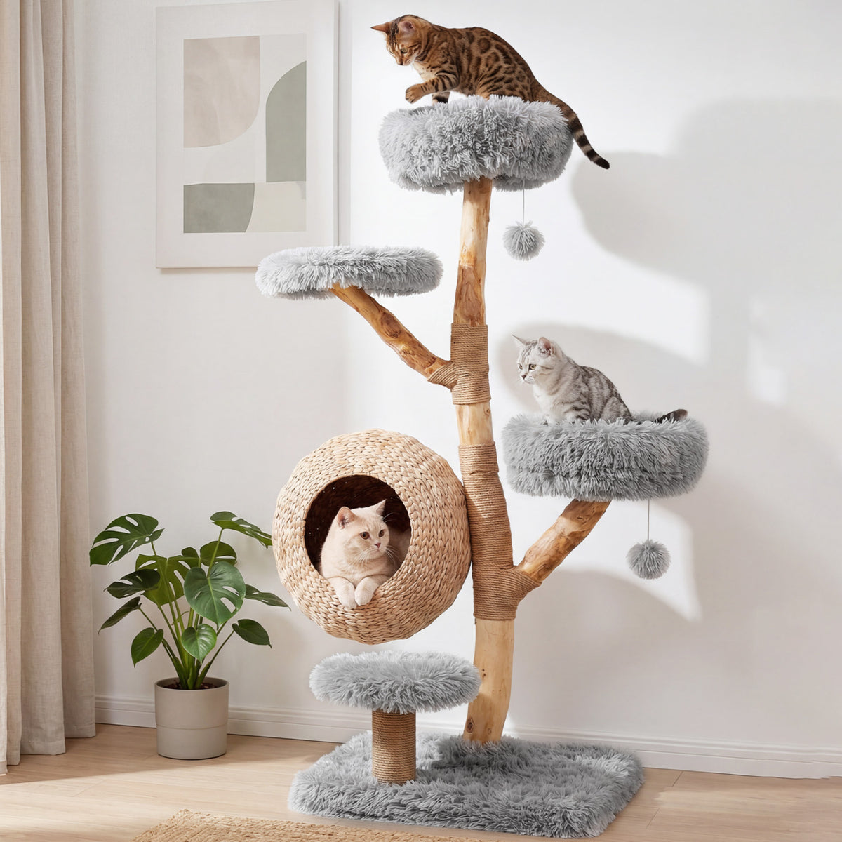 5-Tier Wooden Cat Tree with Woven Condo Plush Perches Jute Posts & Balls-Gray