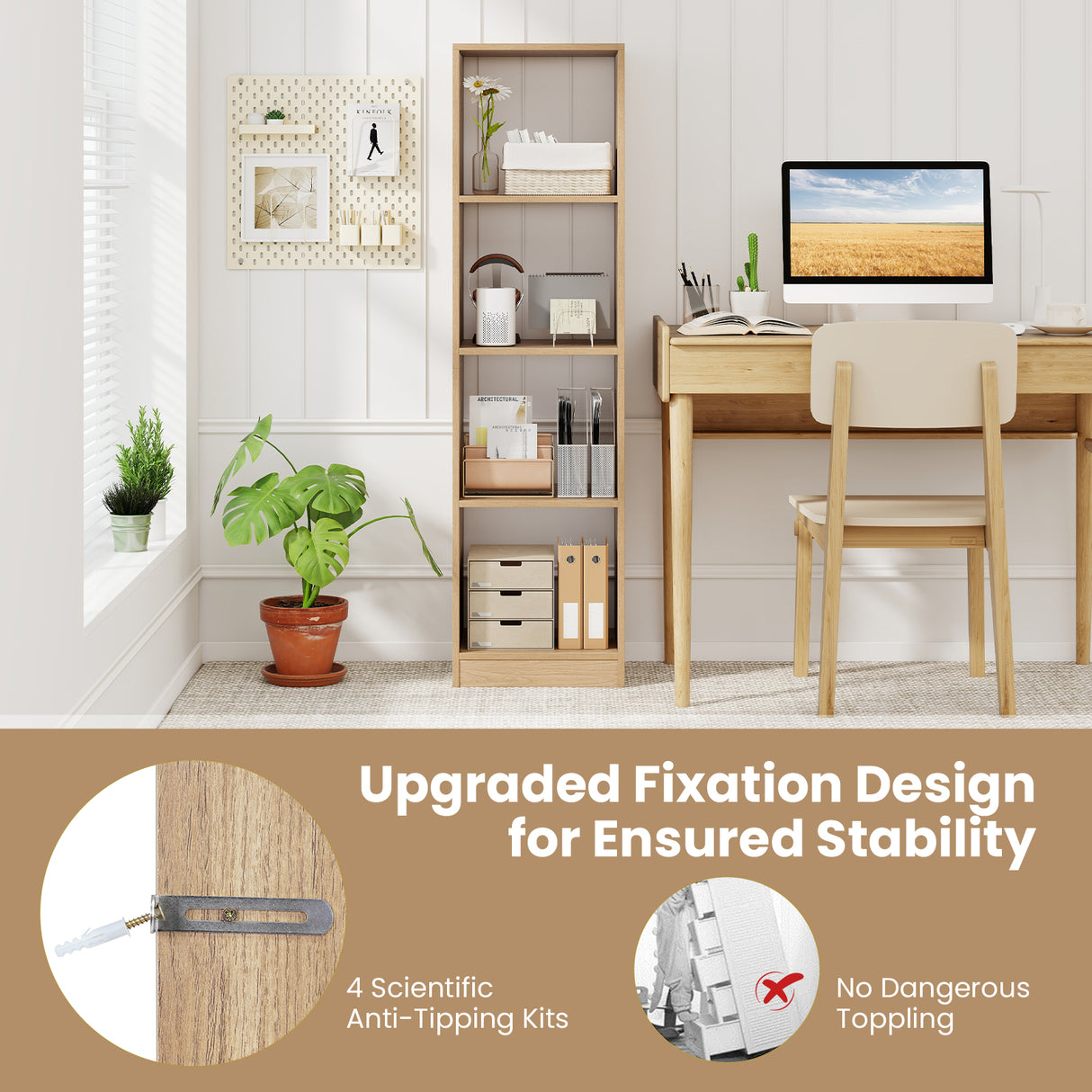 5 Tiers 4-Cube Narrow Bookshelf with 4 Anti-Tipping Kits-Natural