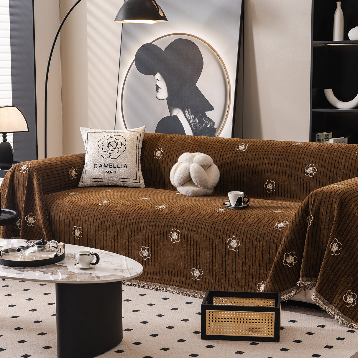 Chenille Camellia Floral Sofa Throw Cover Couch Blanket with Striped Jacquard