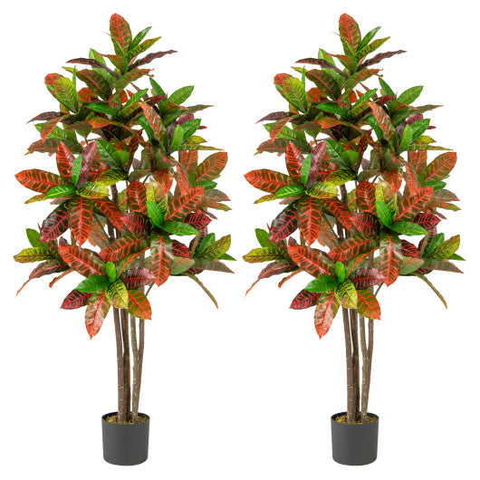 5 FT Tall Artificial Croton Plant with Gradient Leaves and Nursery Pot-2 Pack