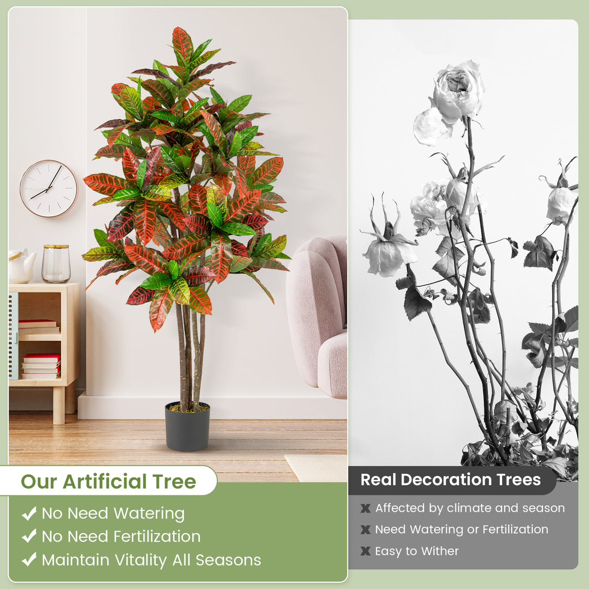 5 FT Tall Artificial Croton Plant with Gradient Leaves and Nursery Pot-2 Pack