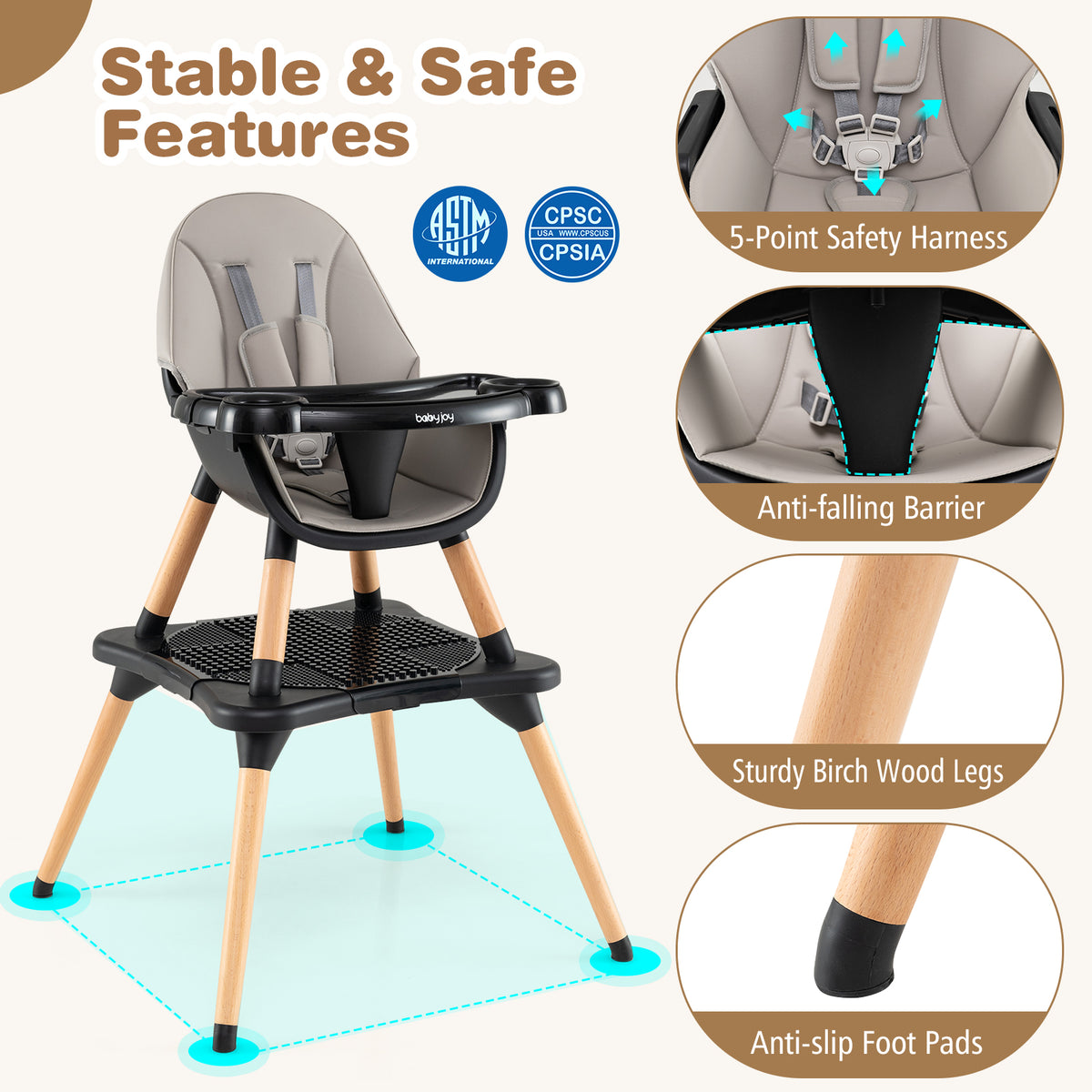 5-in-1 Baby Convertible Wooden High Chair with Detachable Tray-Black
