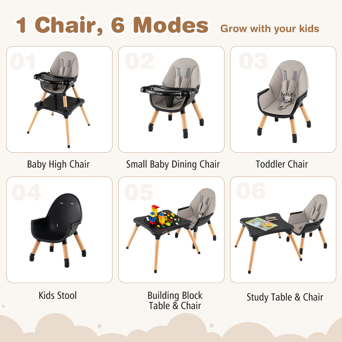 5-in-1 Baby Convertible Wooden High Chair with Detachable Tray-Black