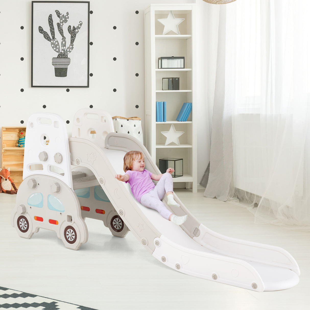 5 in 1 Convertible Toddler Slide Set Kids Art Easel with Stool and Book Rack-Gray