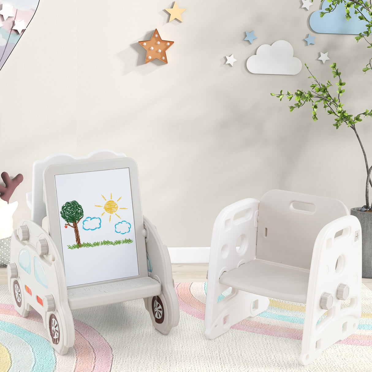 5 in 1 Convertible Toddler Slide Set Kids Art Easel with Stool and Book Rack-Gray