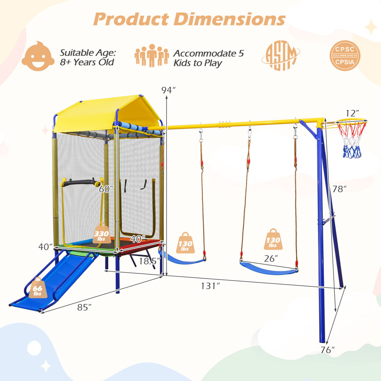 5-in-1 Kids Swing Set for Backyard with Heavy-duty Metal Swing Stand-Yellow