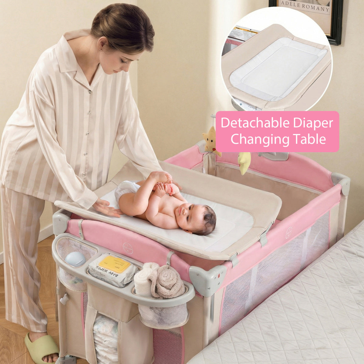 5-in-1 Portable Baby Beside Bassinet with Diaper Changer-Pink