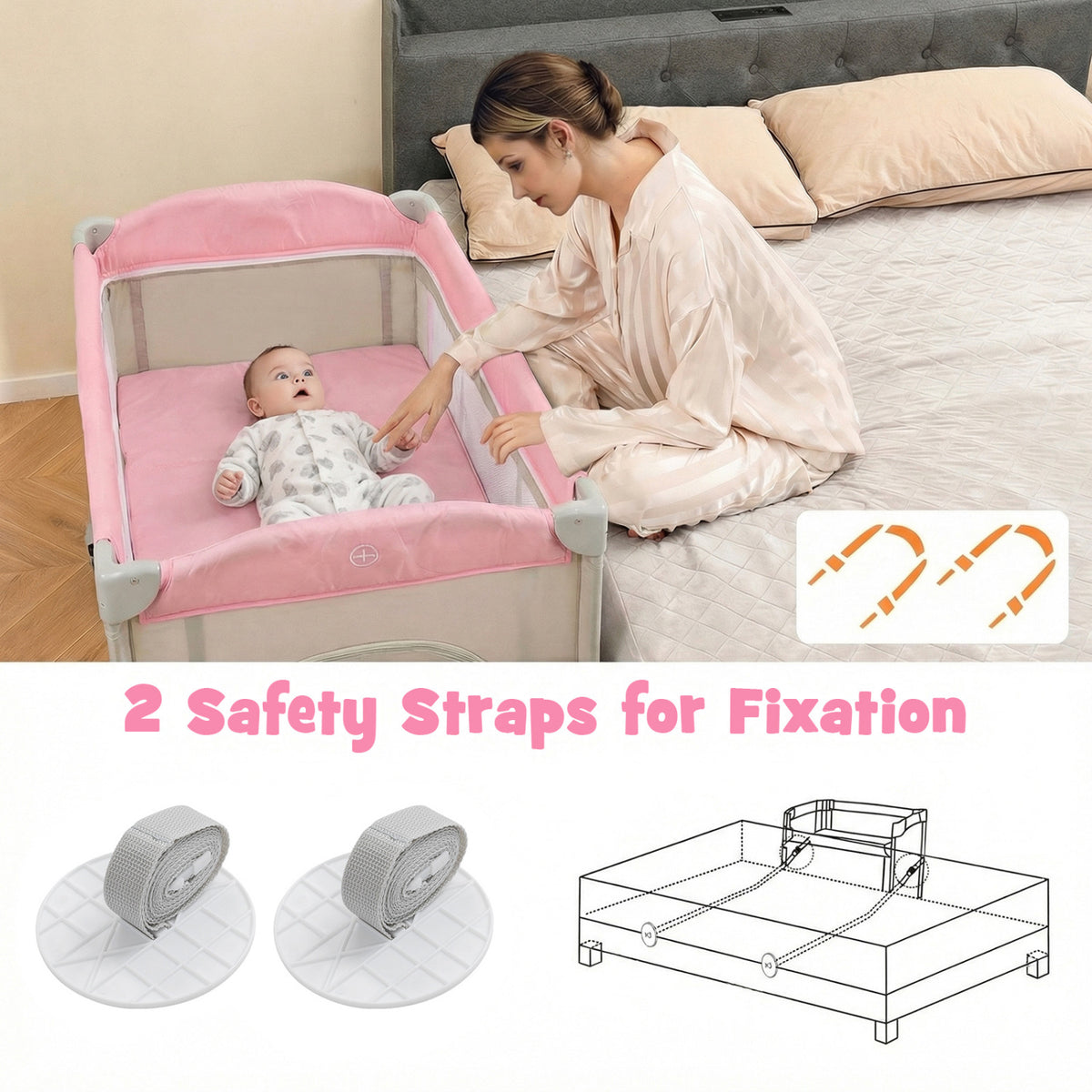 5-in-1 Portable Baby Beside Bassinet with Diaper Changer-Pink