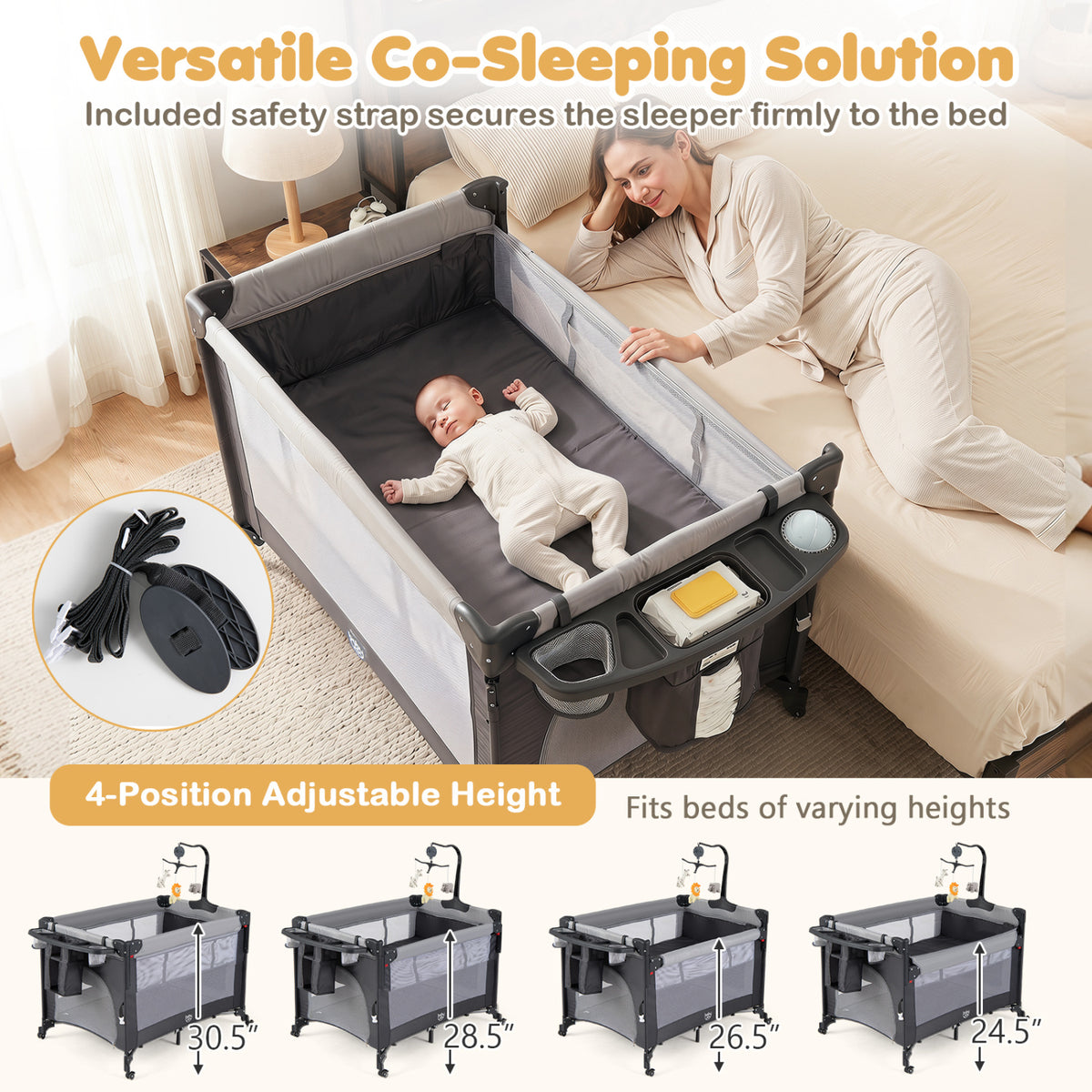 5 in 1 Portable Baby Pack and Play with Music Box and Hanging Toys-Black