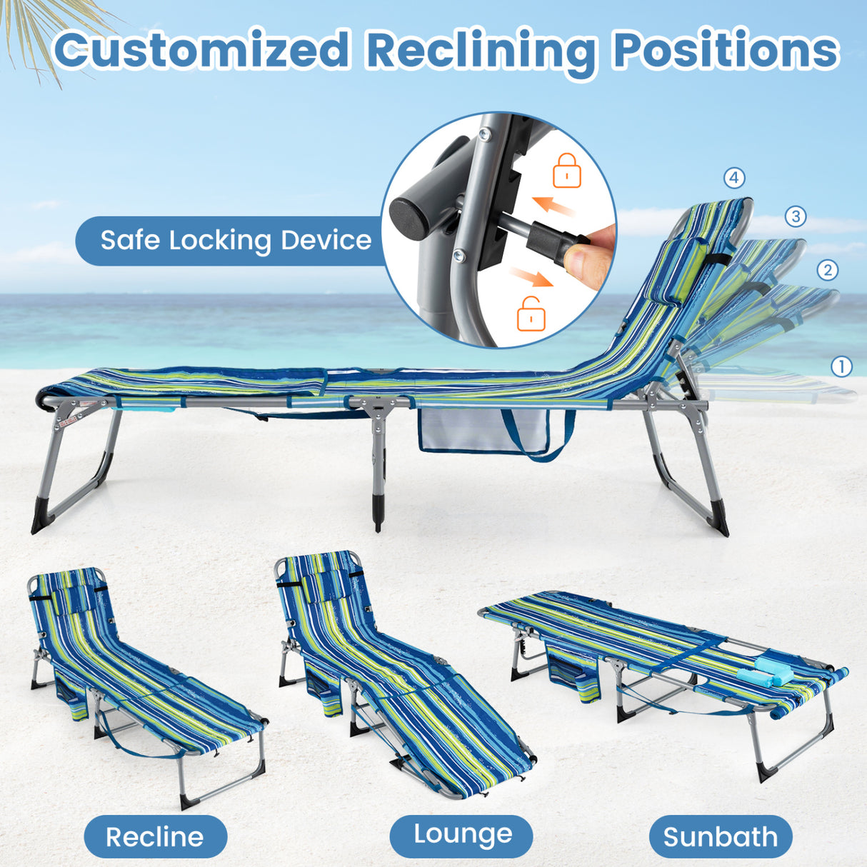 5-position Outdoor Folding Chaise Lounge Chair-Blue and Green