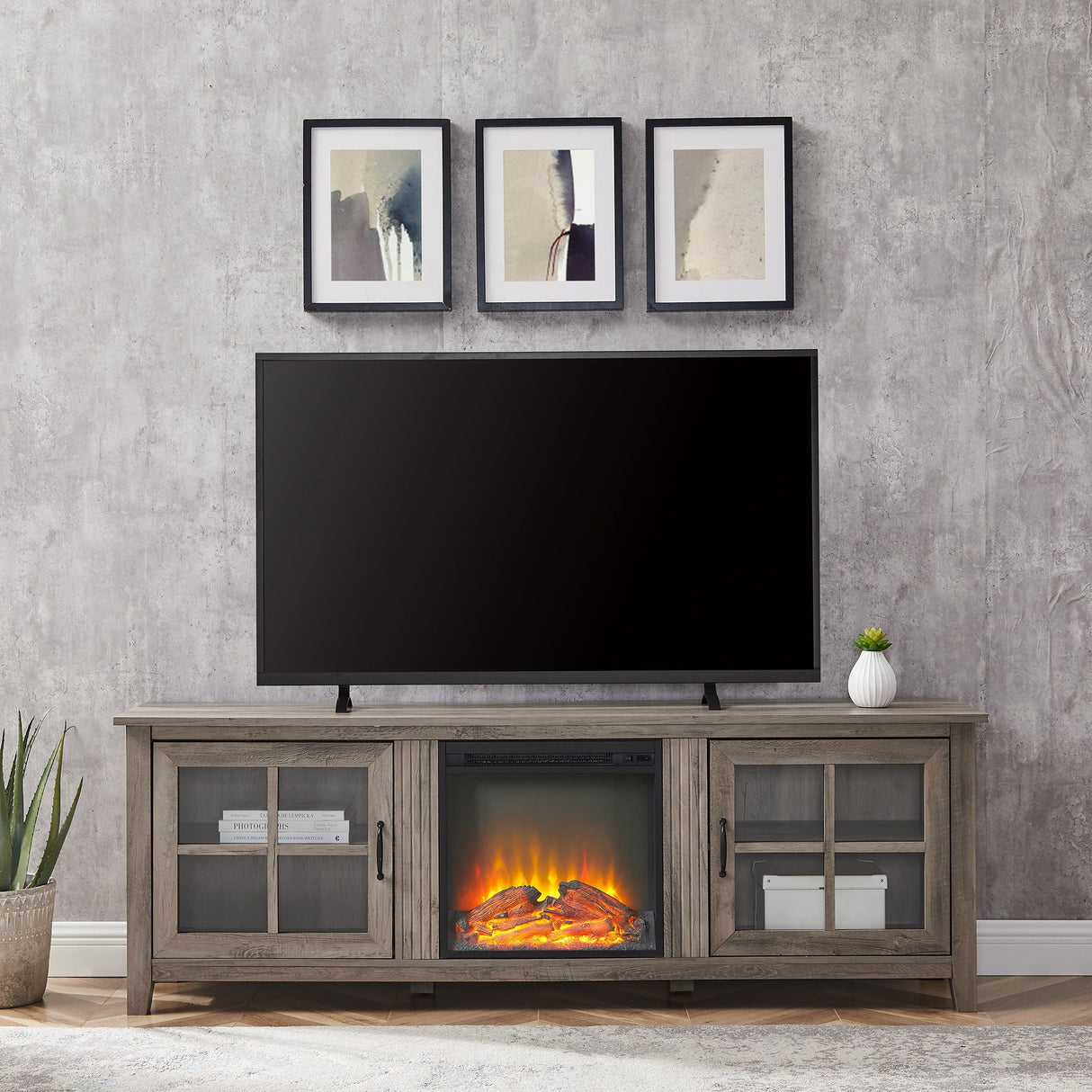 Modern Farmhouse 2 Door Glass Windowpane 70" TV Stand For 80" TVs by Couch.com