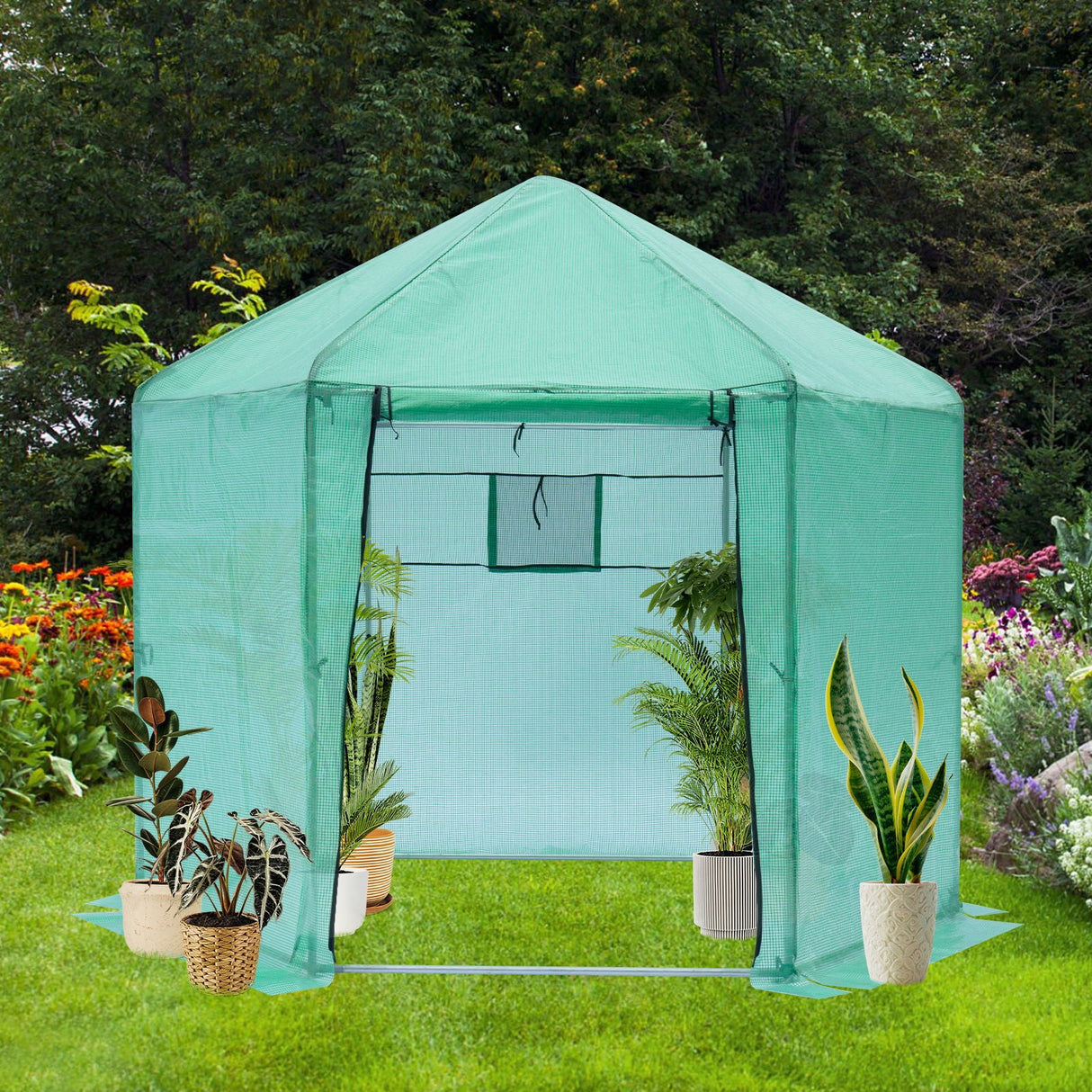 Walk-in Greenhouse Hexagonal Upgrade Reinforced Frame Heavy Duty Plastic Greenhouse Reinforced Thickened Waterproof Insulation (9.2*8.1 ft) - Green by Couch.com
