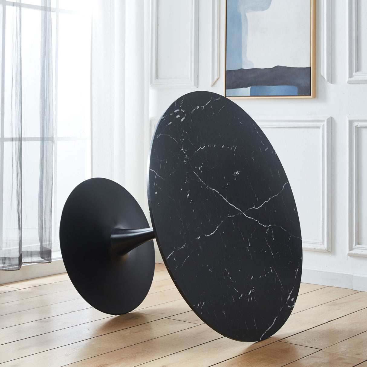 42.1" Tulip Table Mid-Century Dining Table For 4-6 People With Round MDF Table Top, Pedestal Dining Table, End Table Leisure Coffee Table - Black by Couch.com