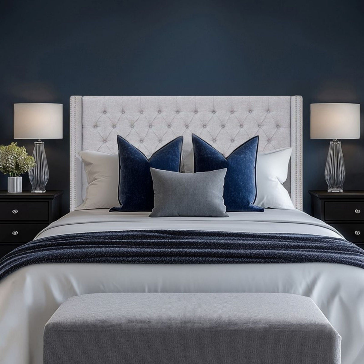 Transitional Upholstery Headboard With Tufted Buttons And Nailhead Trim