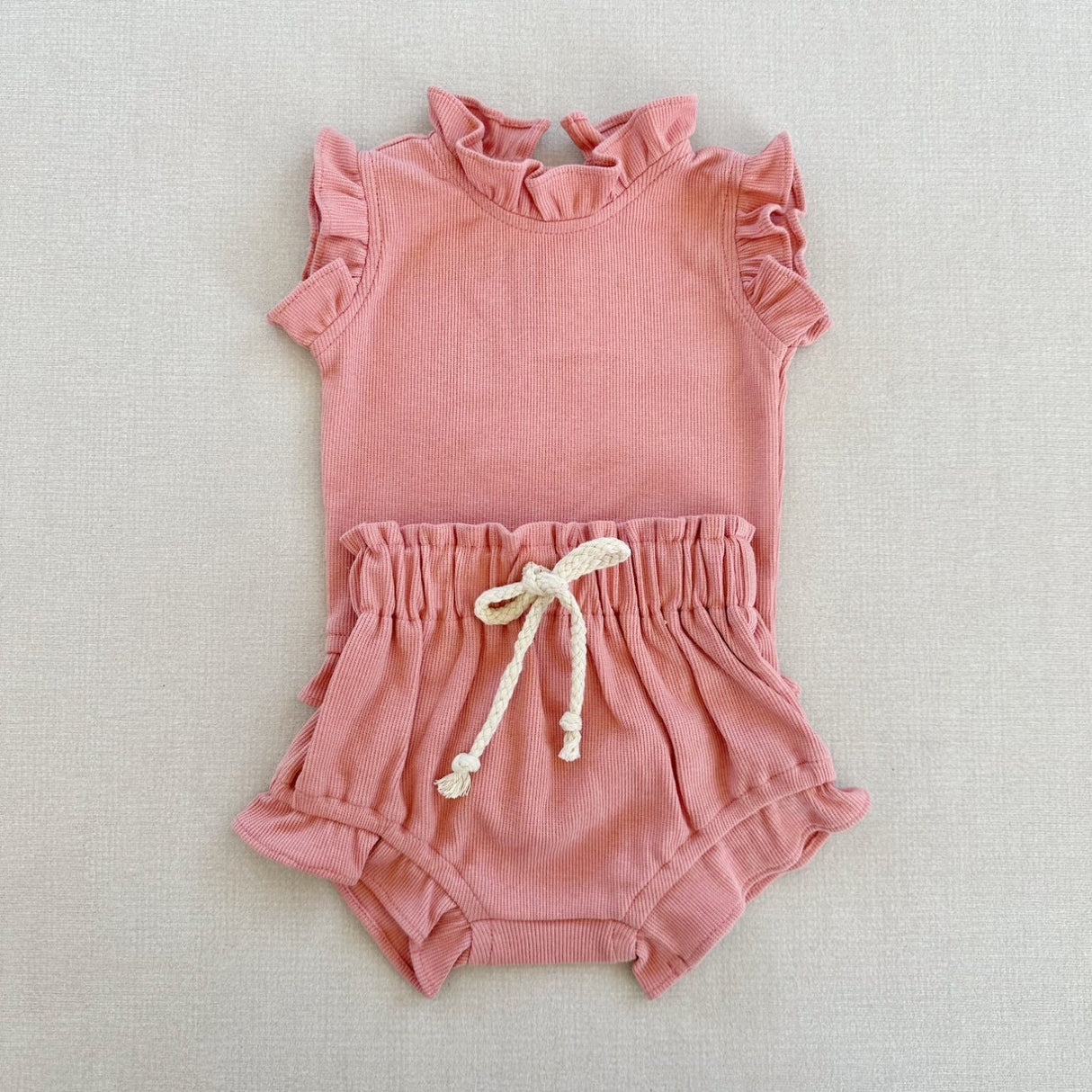 Rib Cotton Short Sleeve Wooden Ear Rompers Jumpsuit