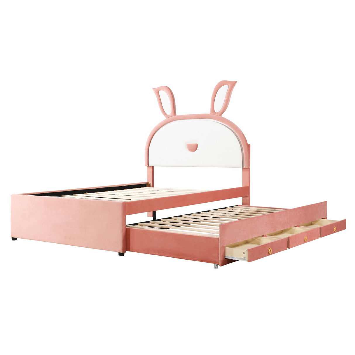 Upholstered Platform Bed With Trundle And 3 Drawers, Rabbit-Shaped Headboard With Embedded LED Lights by Couch.com