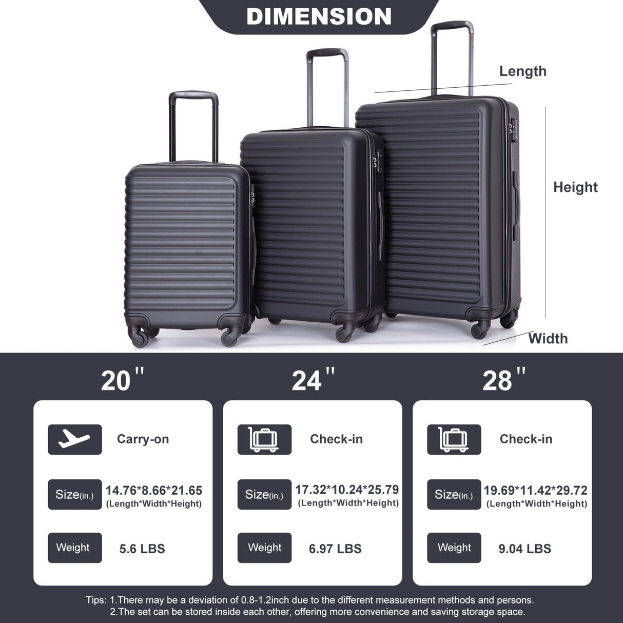 3 Piece Luggage Sets Lightweight Suitcase With Two Hooks, Spinner Wheels, Tsa Lock by Couch.com