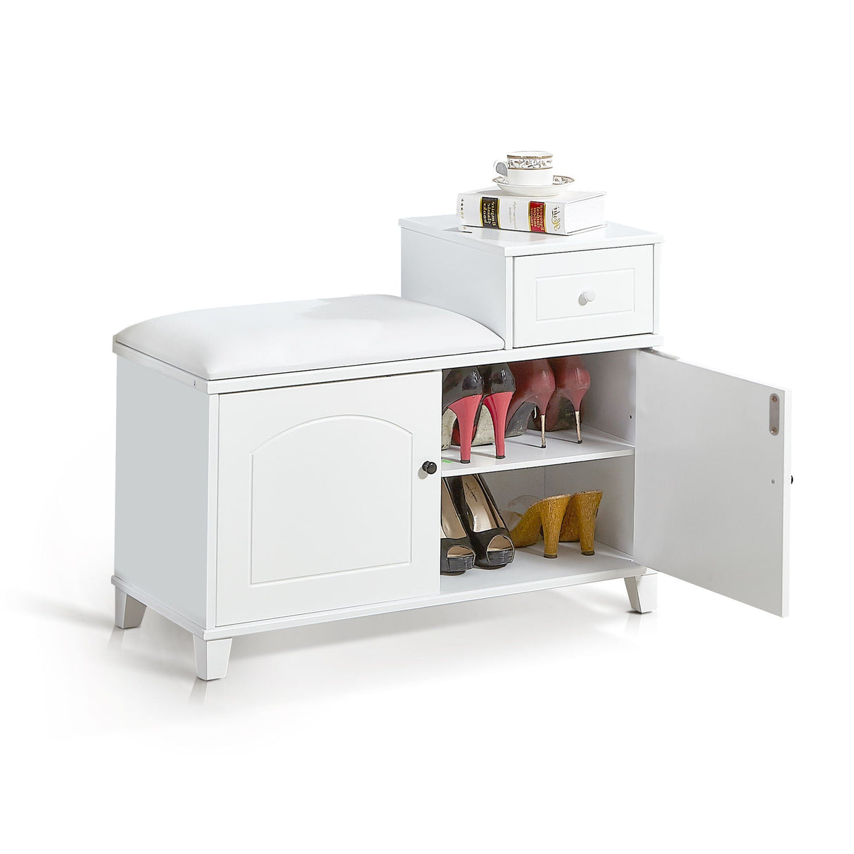 Shoe Storage Bench Cabinet With Fireproof Cushion, Double Doors And Movable Drawer For Door Entrance - White by Couch.com