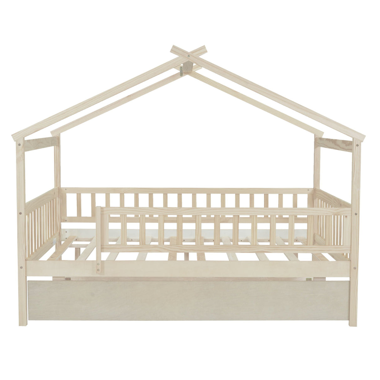 The Creativity House Bed With Twin Size Trundle is a wooden house-shaped bed frame featuring guardrails and a slatted design. Its minimalist, natural wood finish resembles a playhouse, making it perfect for a child's room.