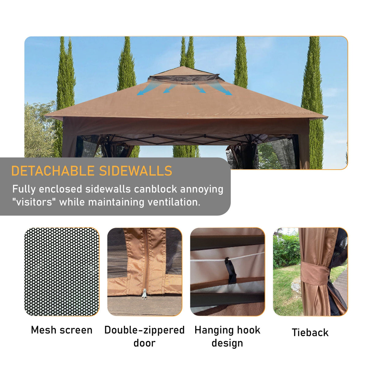 Outdoor 11X 11Ft Pop Up Gazebo Canopy With Removable Zipper Netting, 2 Tier Soft Top Event Tent, Suitable For Patio Backyard Garden Camping Area With 4 Sandbags - Brown by Couch.com