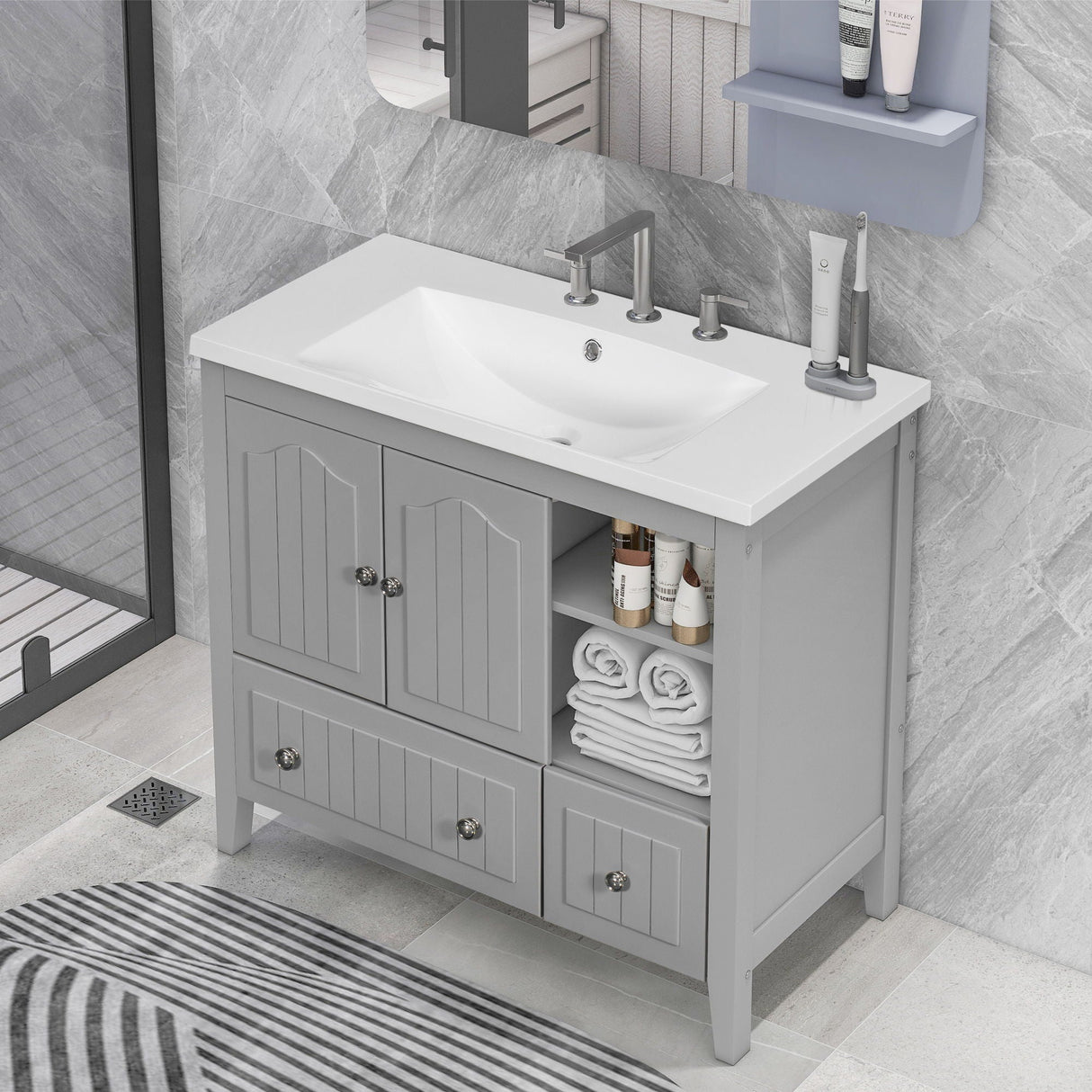Bathroom Vanity With Ceramic Basin, Bathroom Storage Cabinet With Two Doors And Drawers, Solid Frame, Metal Handles by Couch.com