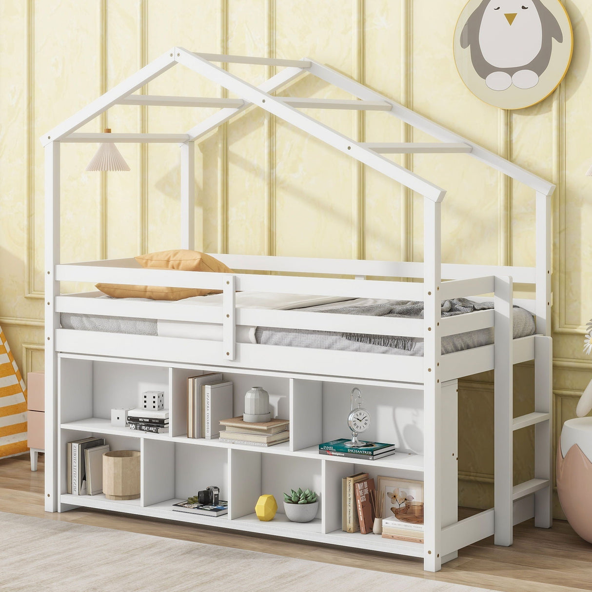House Loft Bed With Roof Frame, Under Bed Shelving Storage Unit, Guardrails, Ladder by Couch.com