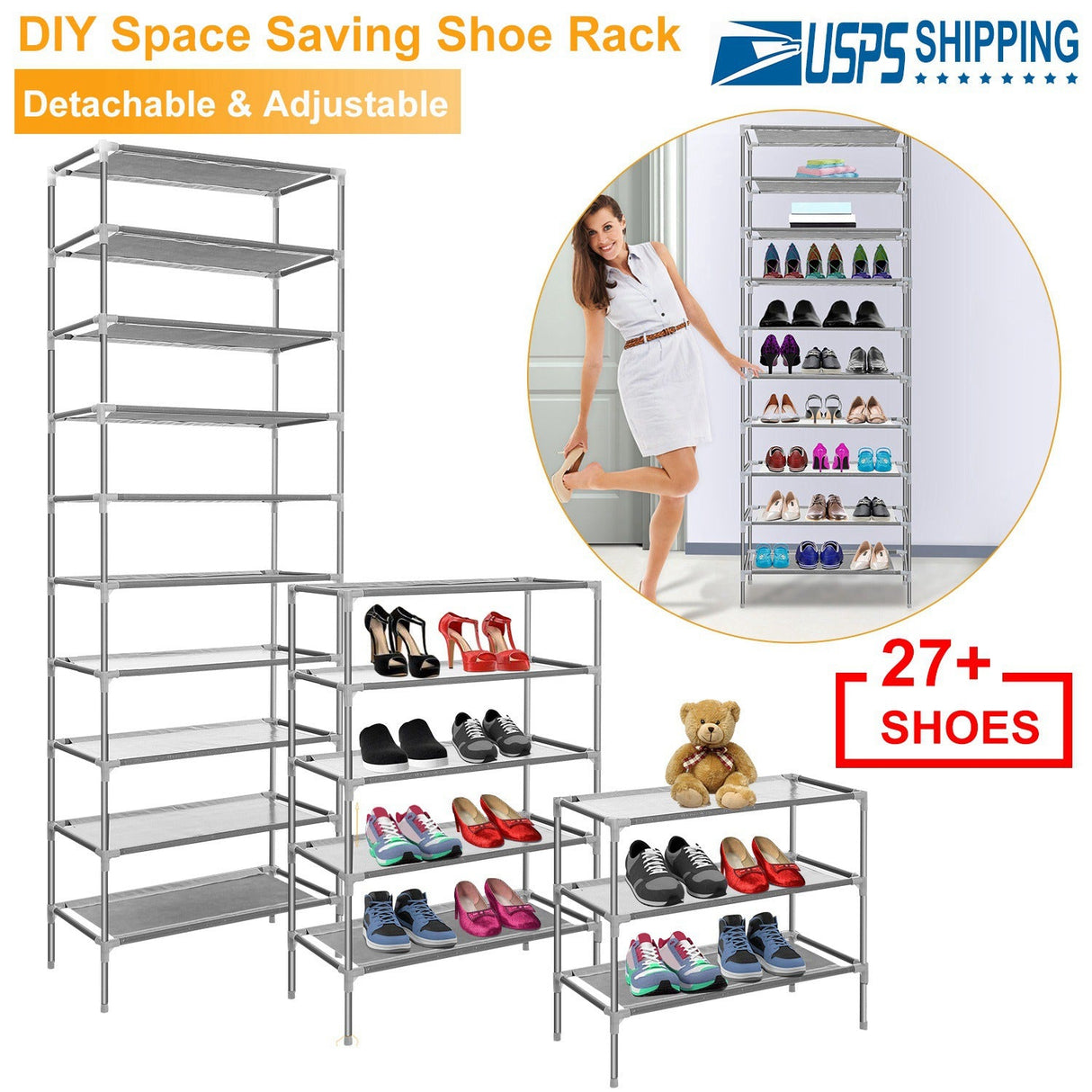 10 Tiers Shoes Rack Shelves 27 Pairs Shoes Storage Organizer Stand Non-Woven Fabric Detachable Shoes Tower Stackable Shoes Storage Rack for Entryway by DirectDeals