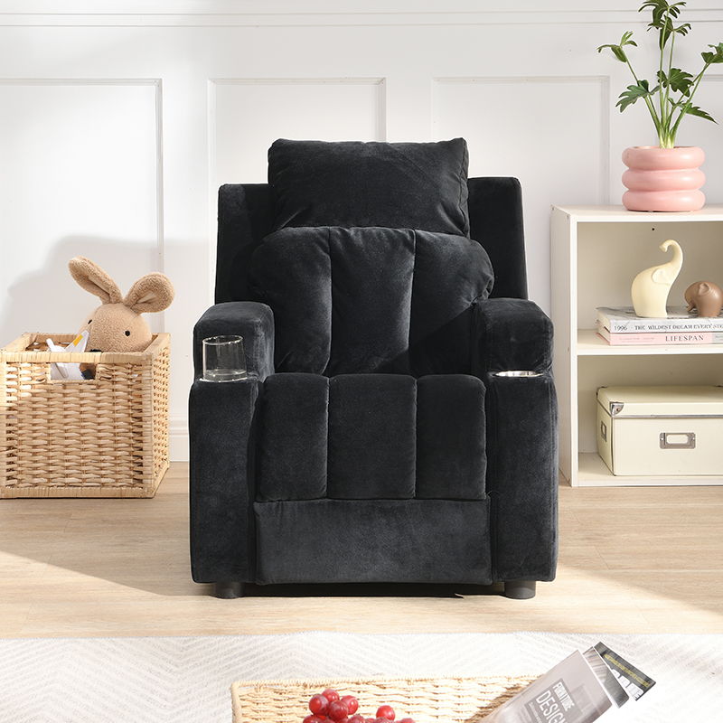 Kids Recliner Chair, Kids Upholstered Couch With One Cup Holder, Toddlers Recliner With Headrest And Footrest - Black by Couch.com