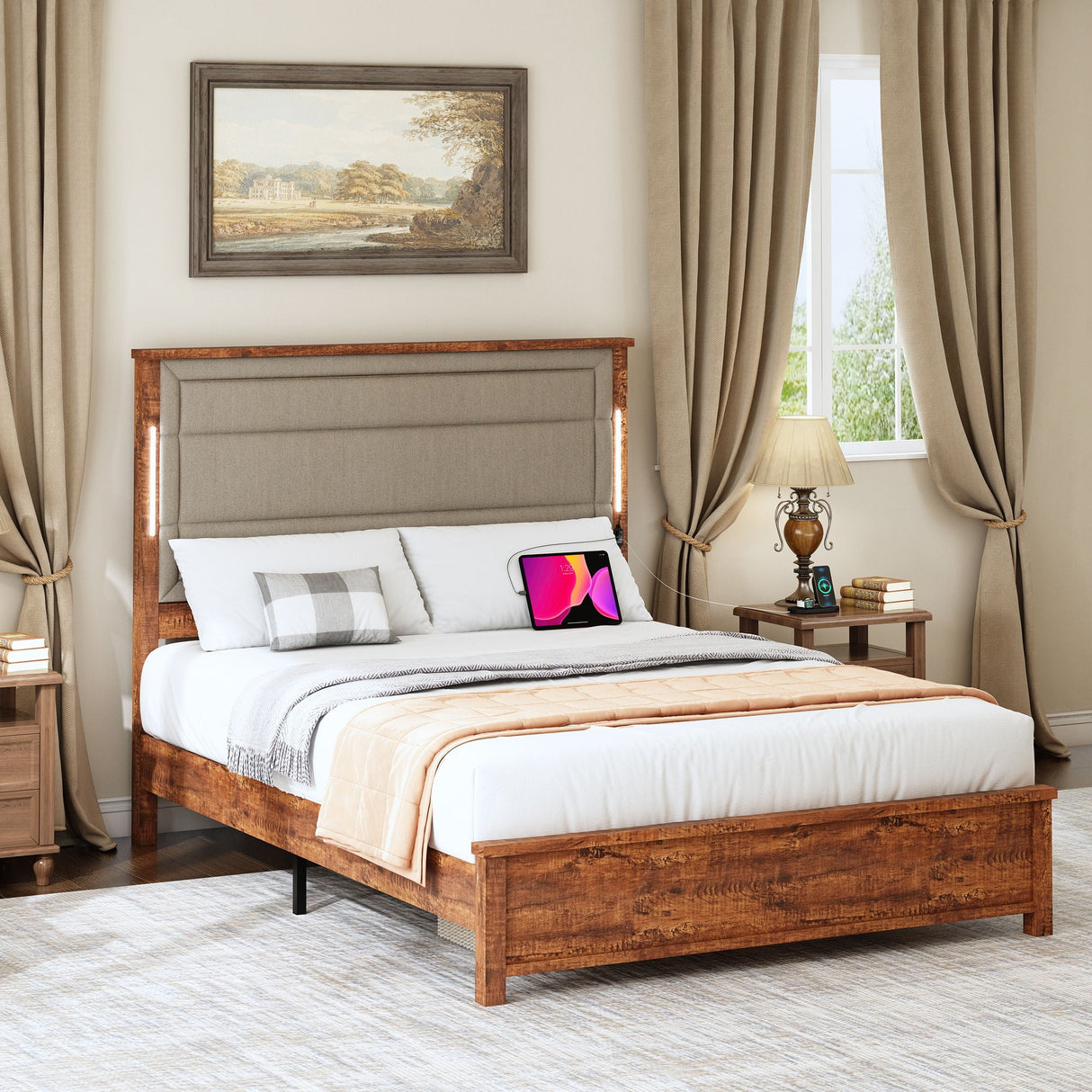 Queen Size Bed Frame With Upholstered Headboard, Queen Bed Frame With Charging Station And LED Lights, Wood Slats, No Box Spring Needed - Gray / Dark Brown by Couch.com