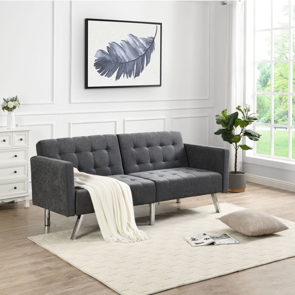 Sofa Bed Convertible Folding Lounge Couch Loveseat Sleeper Sofa Armrests - Dark Gray