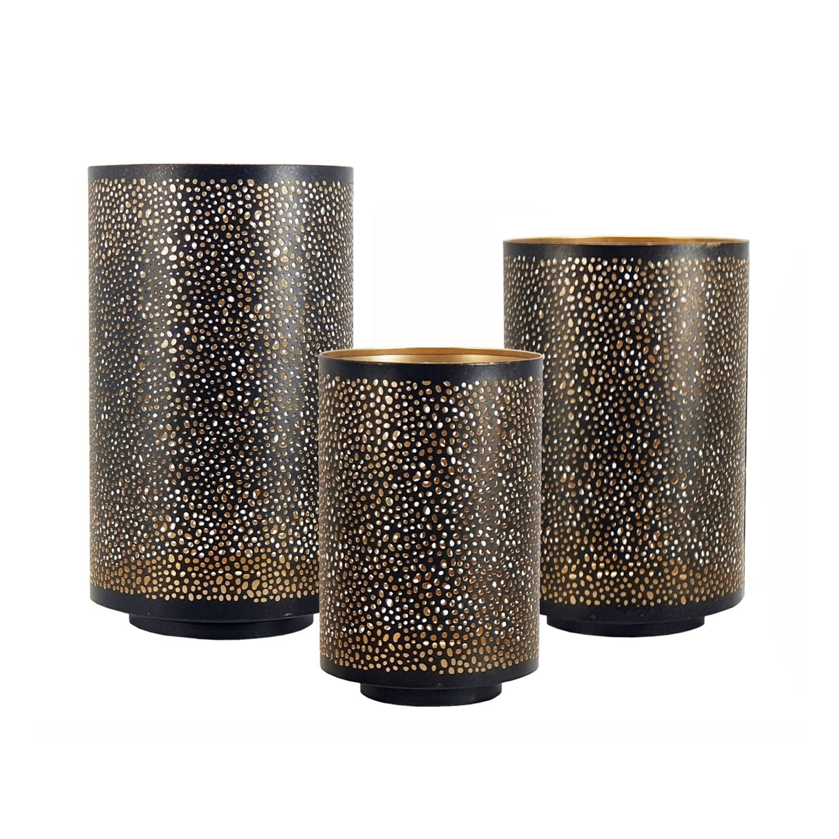 Set of 3 Pierced Metal Hurricanes in Black & Gold