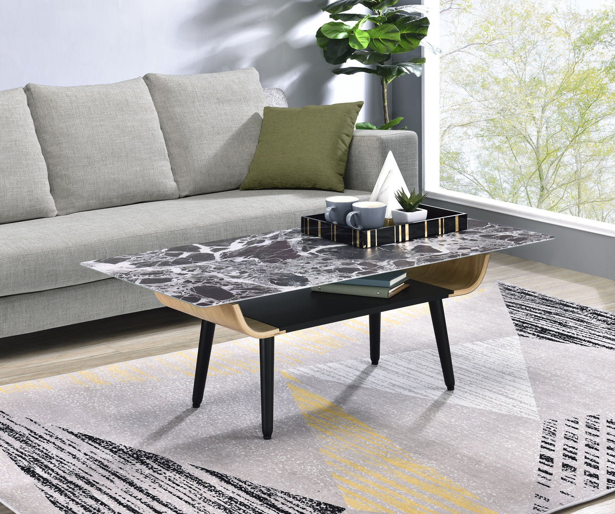 Landon - Coffee Table With Glass Marble Texture Top And Bent Wood Design by Couch.com