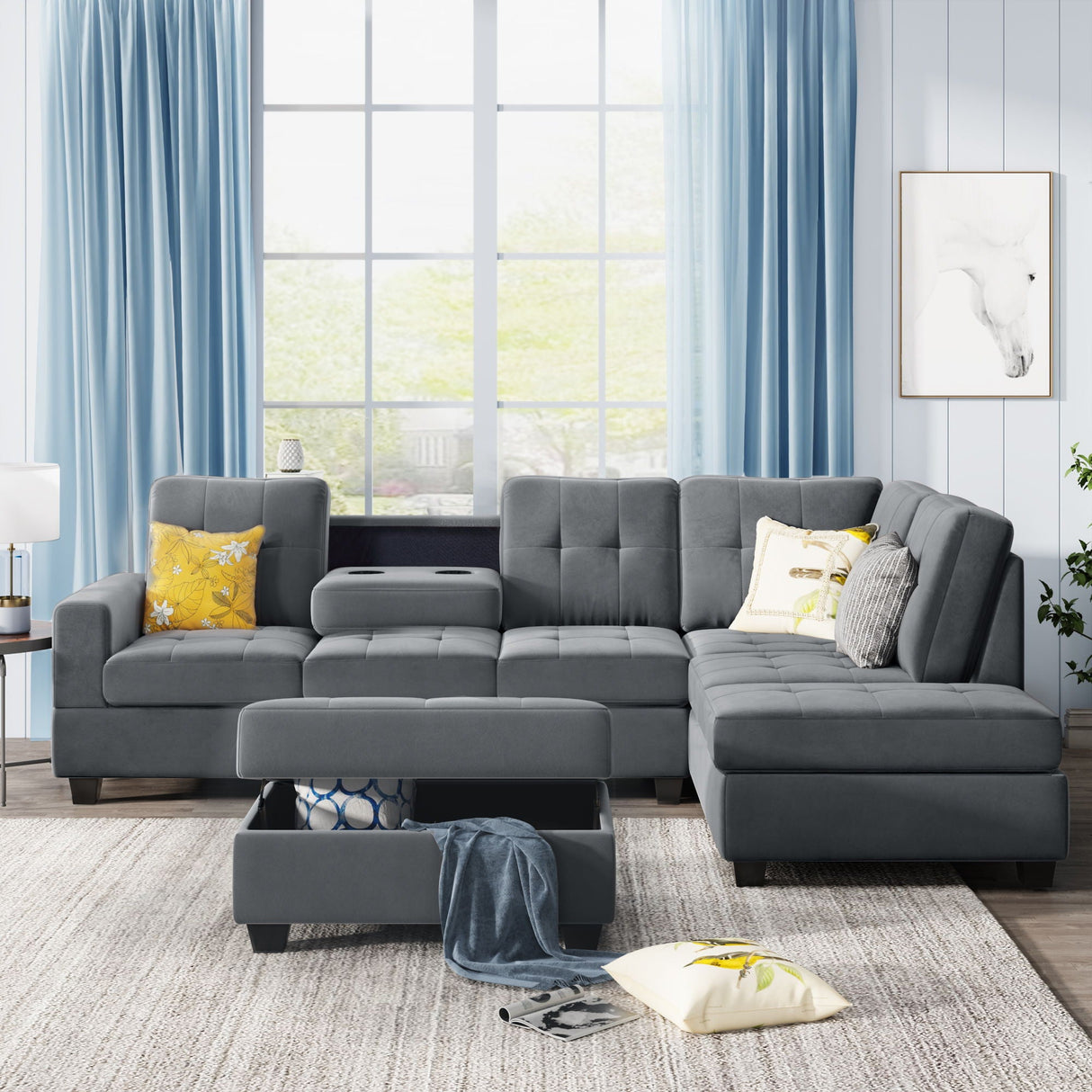 Sectional Sofa With Reversible Chaise Lounge, L-Shaped Couch With Storage Ottoman And Cup Holders by Couch.com