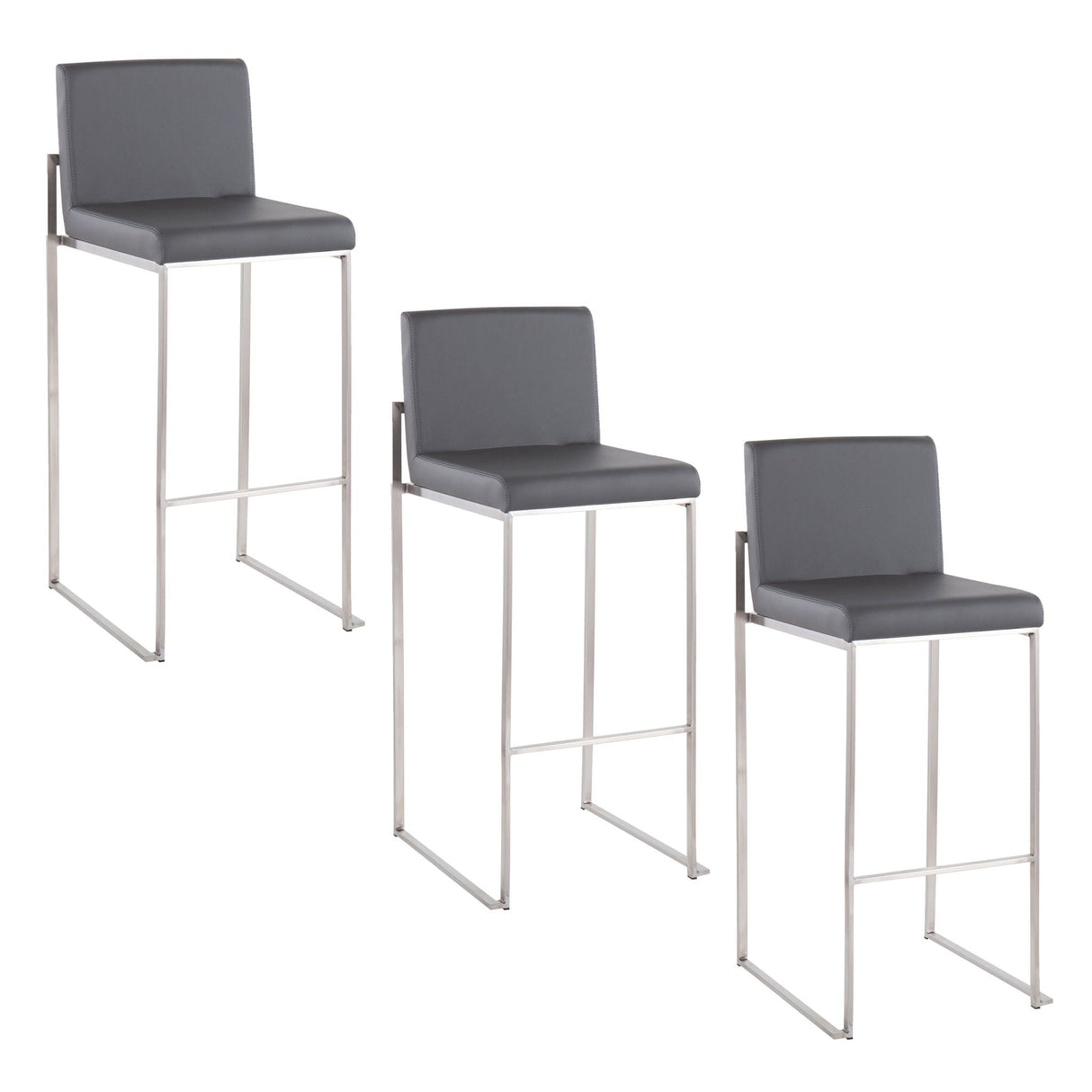 Three Fuji Contemporary And Modern Elegance High Back Barstools with gray cushioned seats, sleek silver metal legs, and supportive backs are arranged in a staggered row on a white background.