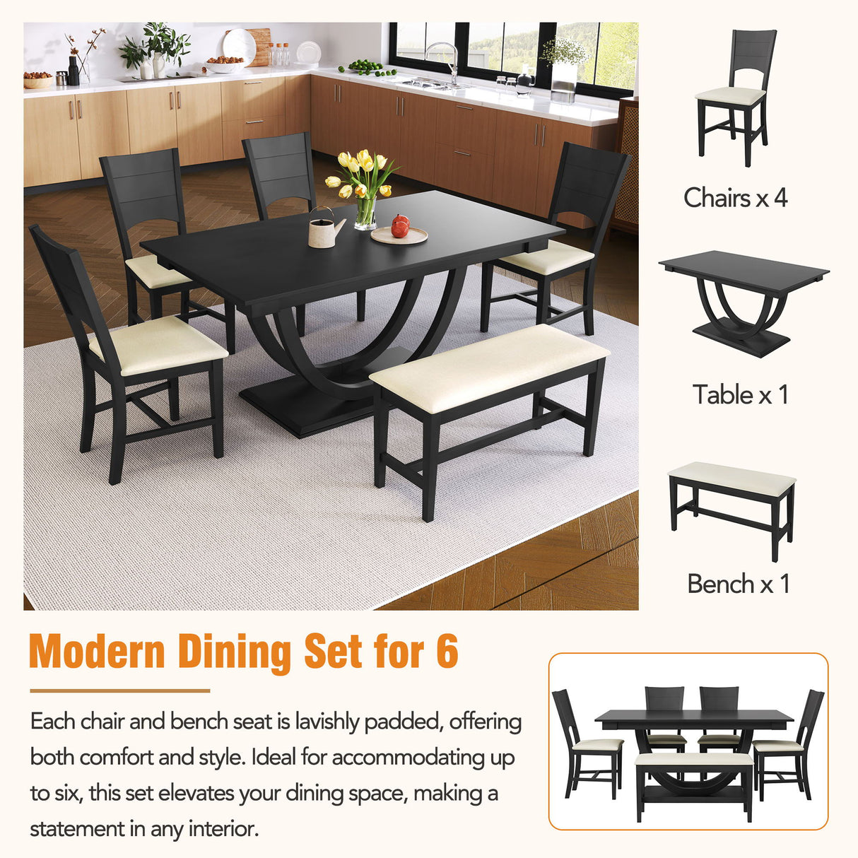 The Topmax 6 Piece Wood Half Round Dining Table Set includes a modern black rectangular table, four chairs with cream cushions, and a long bench, displayed in a bright dining room with wooden cabinets and a vase of yellow flowers.