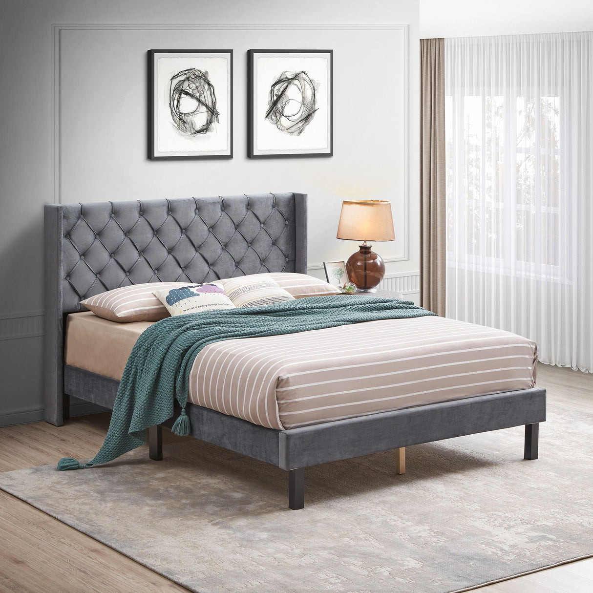 Velvet Button Tufted-Upholstered Bed With Wings Design Strong Wood Slat Support Queen Platform Bed - Gray by Couch.com