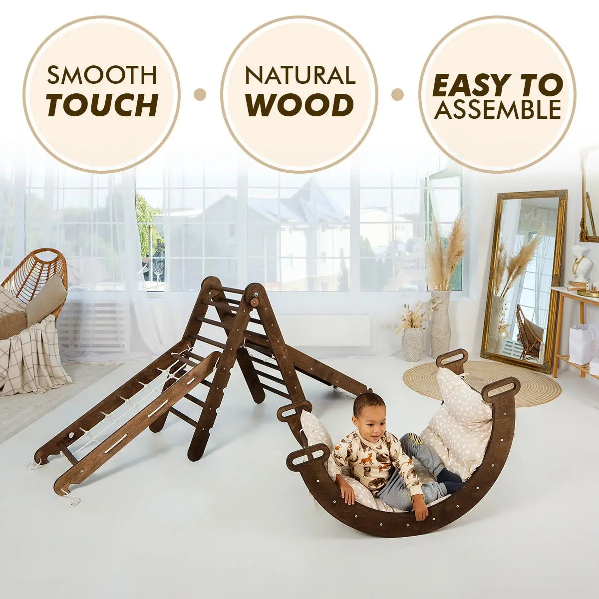 5in1 Montessori Climbing Set: Triangle Ladder, Climbing Arch, Slide, Net & Cushion – Chocolate