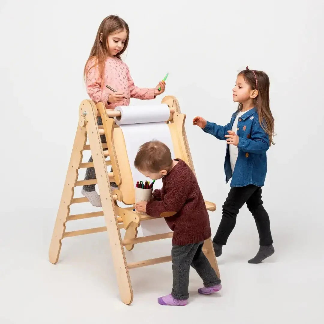 5in1 Montessori Climbing Set: Triangle Ladder, Arch, Slide, Cushion & Art – Beige