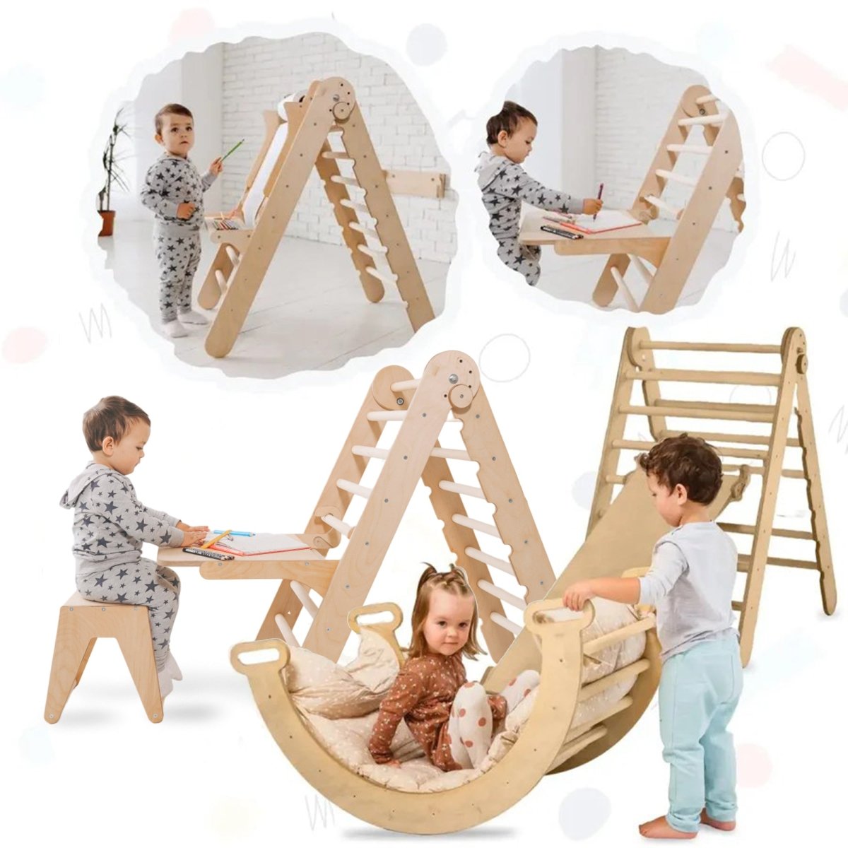 5in1 Montessori Climbing Set: Triangle Ladder, Arch, Slide, Cushion & Art – Beige