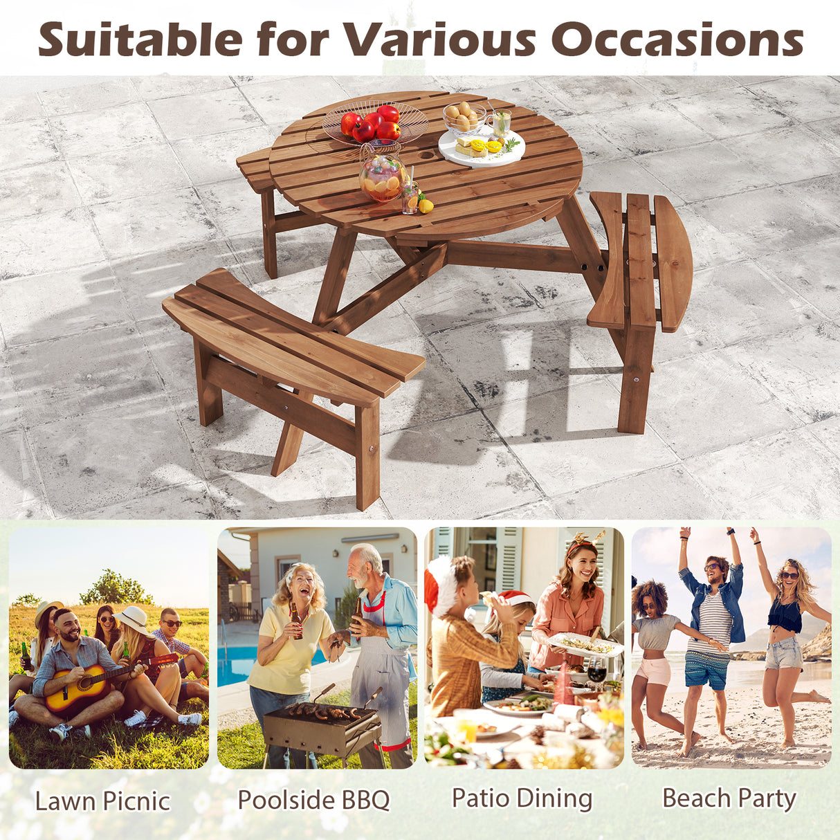6-Person Round Picnic Table Set with 3 Built-in Benches and Umbrella Hole-Brown